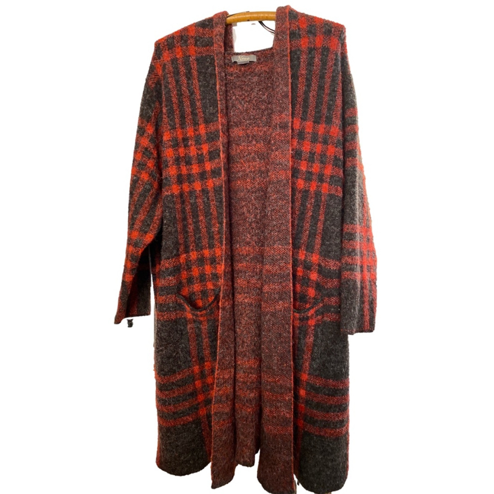 Women's Natural Reflections Red Black Plaid Hooded Long Cardigan 2X